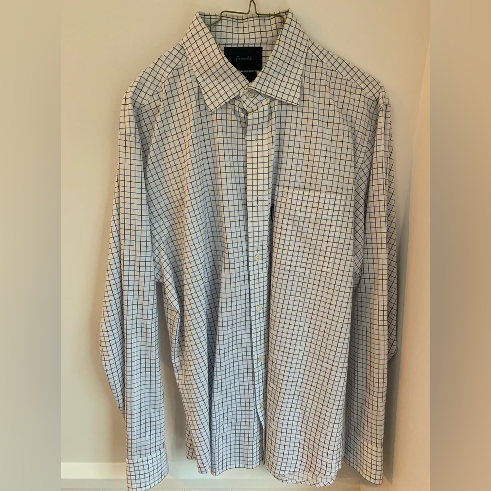 Faconnable Men's Button Front Dress Shirt White/Blue Large